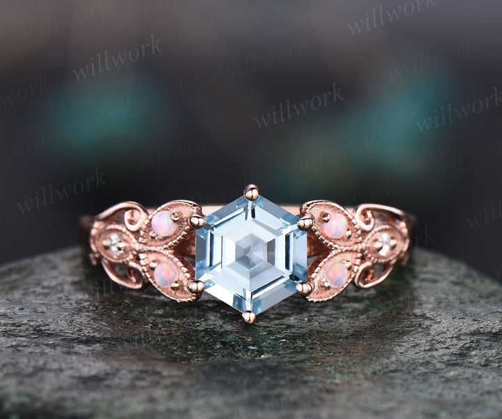 Hexagon aquamarine ring gold silver for women vintage unique aquamarine engagement ring butterfly art deco antique opal diamond wedding ring