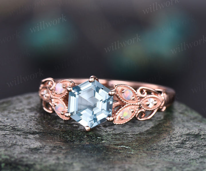 Hexagon aquamarine ring gold silver for women vintage unique aquamarine engagement ring butterfly art deco antique opal diamond wedding ring