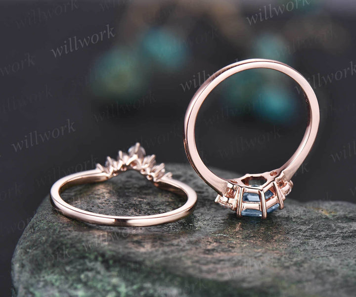 Hexagon cut aquamarine ring gold silver for women vintage unique aquamarine engagement ring set rose gold three stone moissanite bridal ring