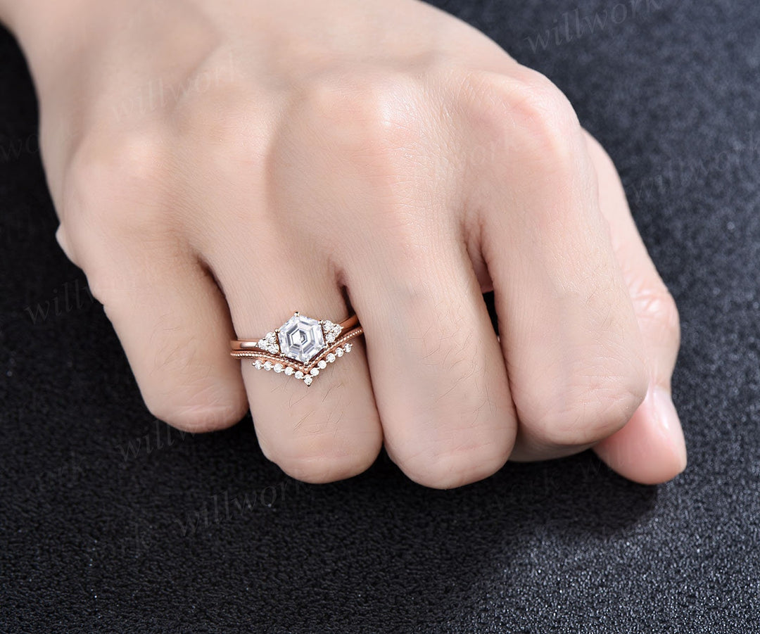 Unique moissanite engagement ring set hexagon cut ring vintage dainty diamond ring set 14k rose gold six prong wedding ring set for women