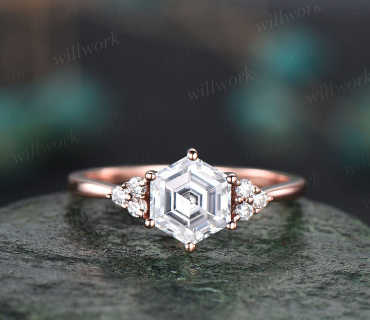 Unique moissanite engagement ring set hexagon cut ring vintage dainty diamond ring set 14k rose gold six prong wedding ring set for women