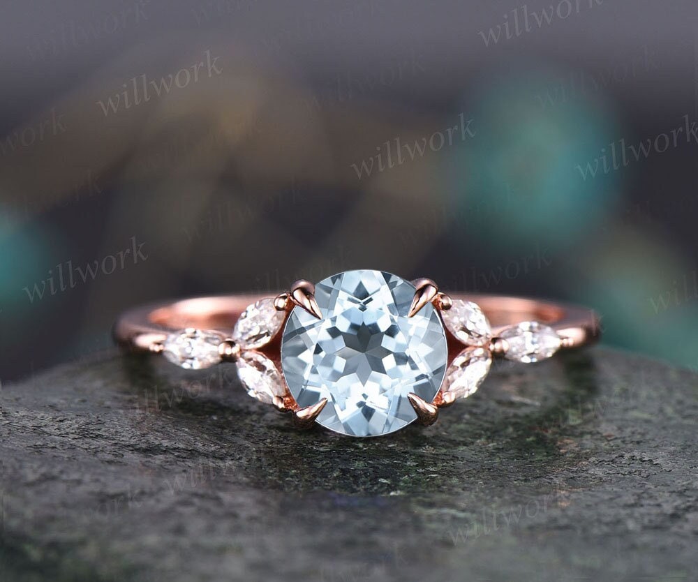 1ct round cut aquamarine engagement ring rose gold marquise moissanite ring for women March birthstone ring unique vintage bridal ring gift