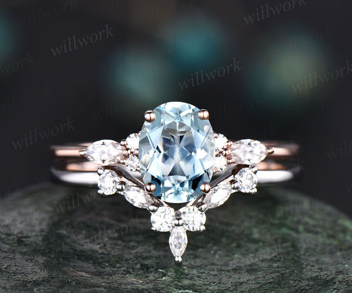 Oval cut aquamarine ring gold silver vintage unique aquamarine engagement ring set art deco moissanite ring for women March birthstone ring