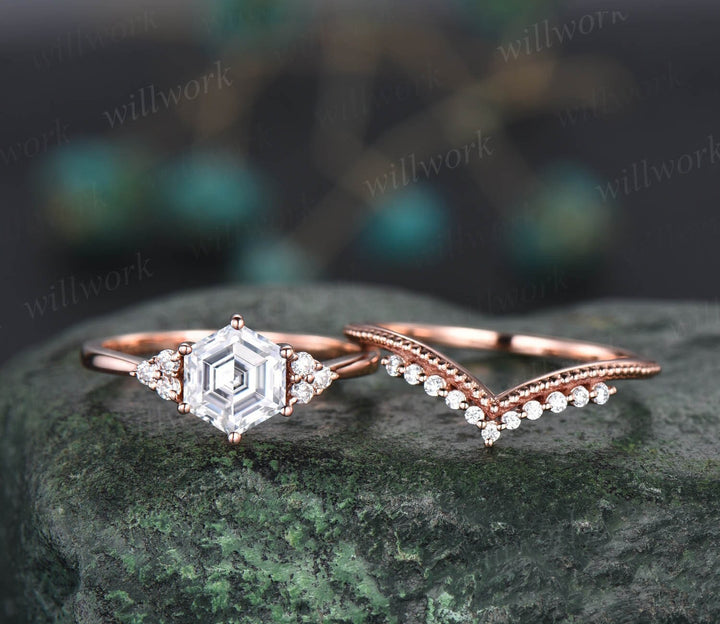 Unique moissanite engagement ring set hexagon cut ring vintage dainty diamond ring set 14k rose gold six prong wedding ring set for women