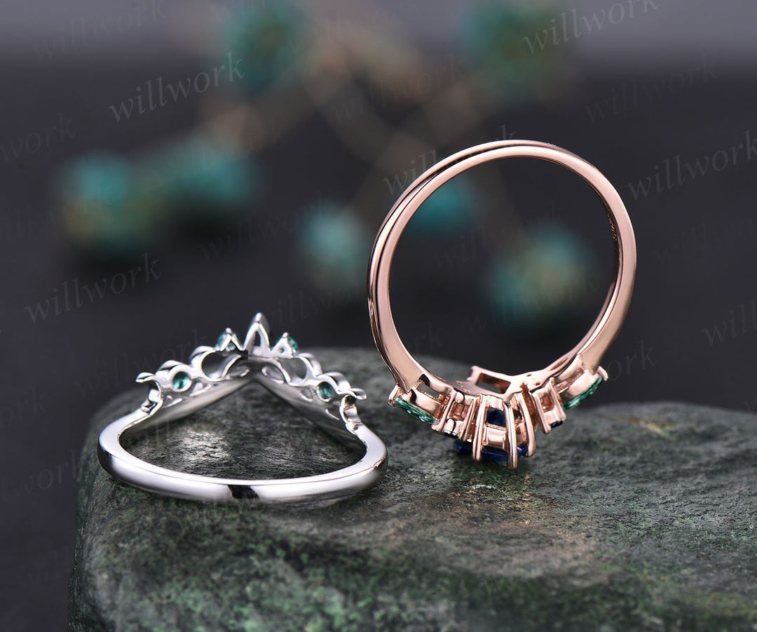 Unique wedding ring set vintage Alexandrite engagement ring set kite c –  WILLWORK JEWELRY