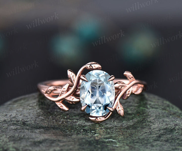Oval cut aquamarine engagement ring 14k rose gold art deco solitaire leaf flower nature inspired engagement ring March birthstone ring women