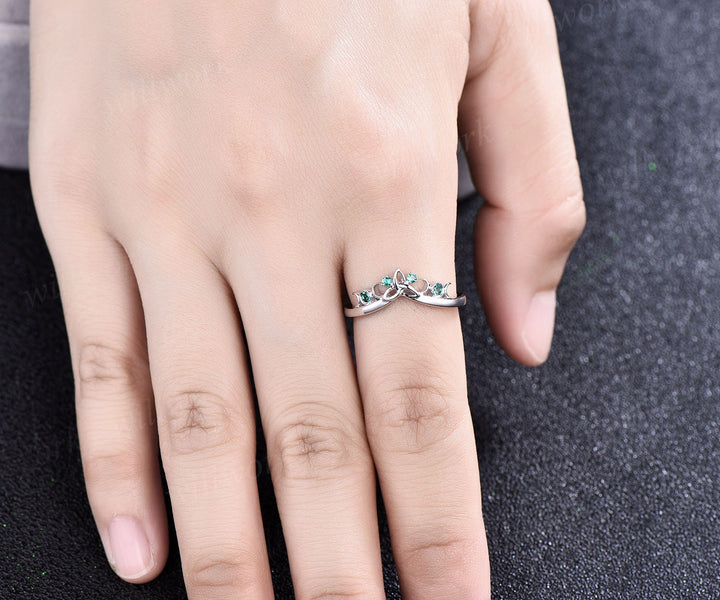 Unique emerald wedding band 14k white gold emerald ring vintage norse viking ring jewelry dainty wedding bridal anniversary ring band women