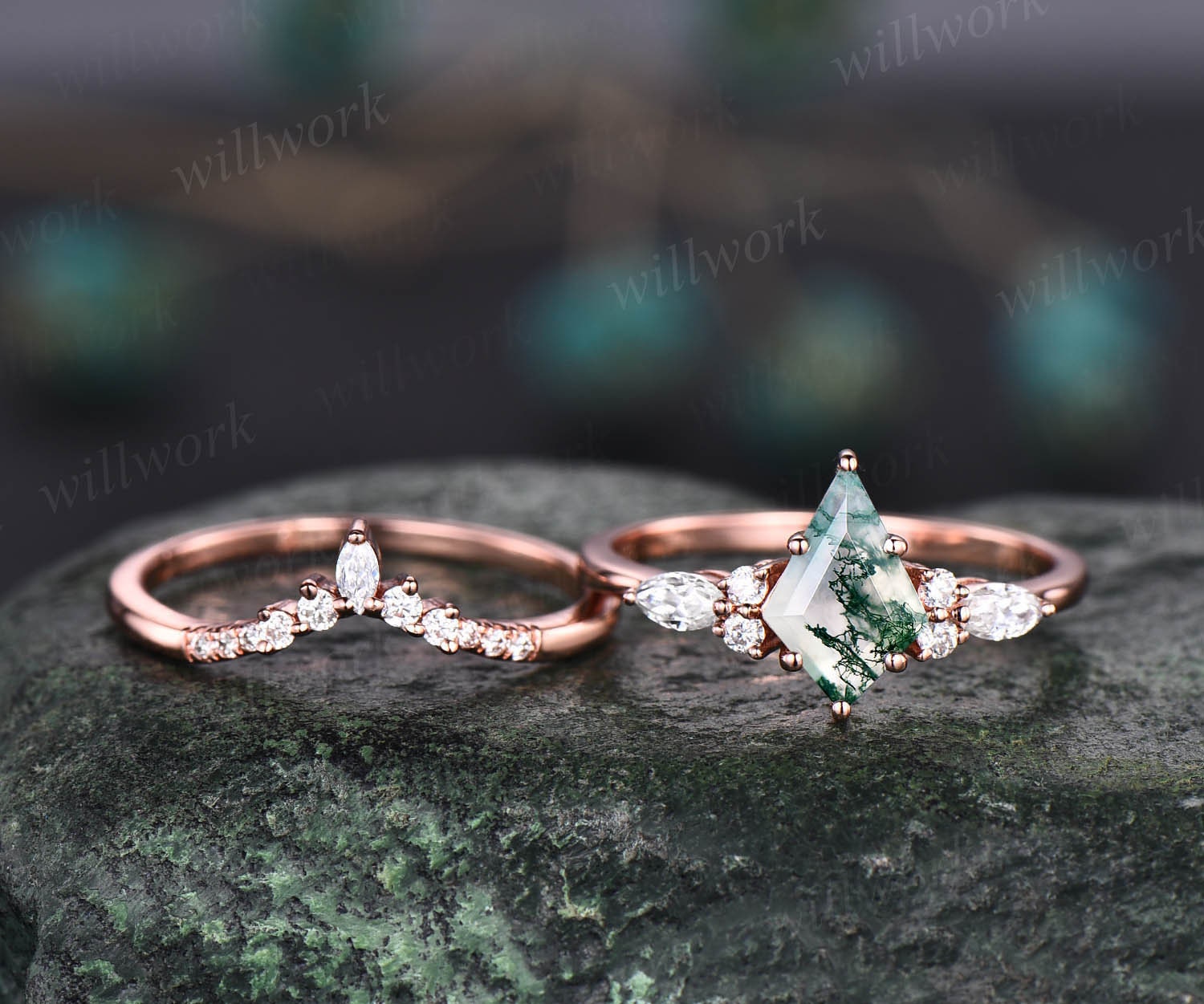 人気の Vintage kite cut green moss agate engagement ring set 14k アクセサリー