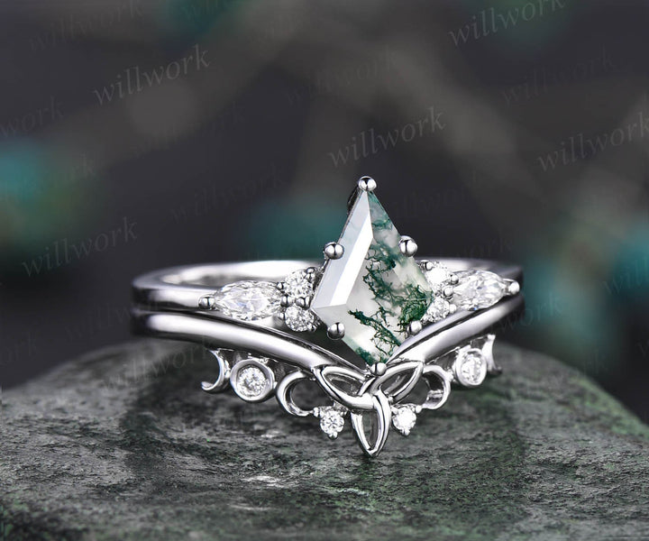 Kite cut green moss agate engagement ring set 14k rose gold marquise unique engagement ring for women diamond promise wedding ring set gifts