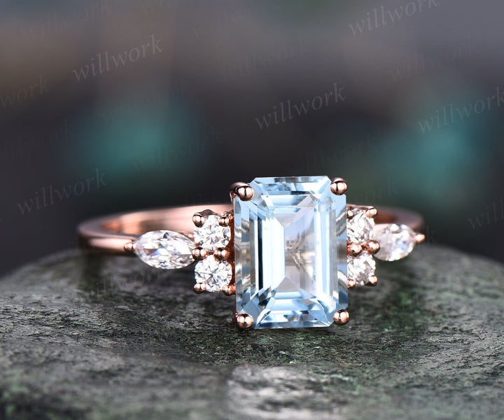 Emerald cut aquamarine ring gold silver for women vintage unique aquamarine engagement ring rose gold art deco diamond wedding ring gifts