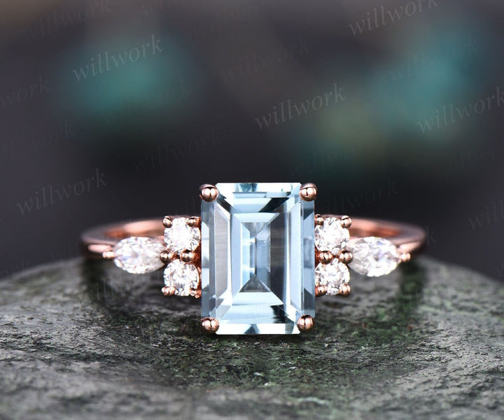 Emerald cut aquamarine ring gold silver for women vintage unique aquamarine engagement ring rose gold art deco diamond wedding ring gifts