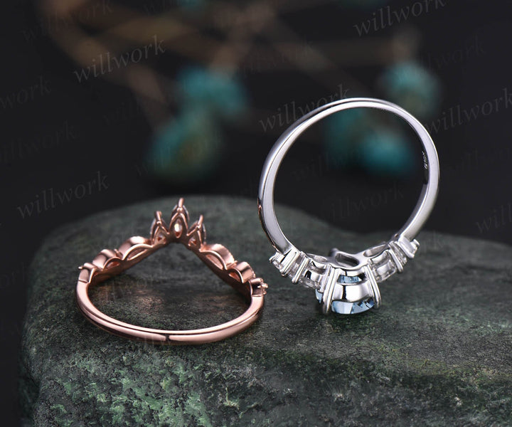 Pear shaped aquamarine ring gold silver vintage unique aquamarine engagement ring set white gold crown moissanite wedding ring set for women