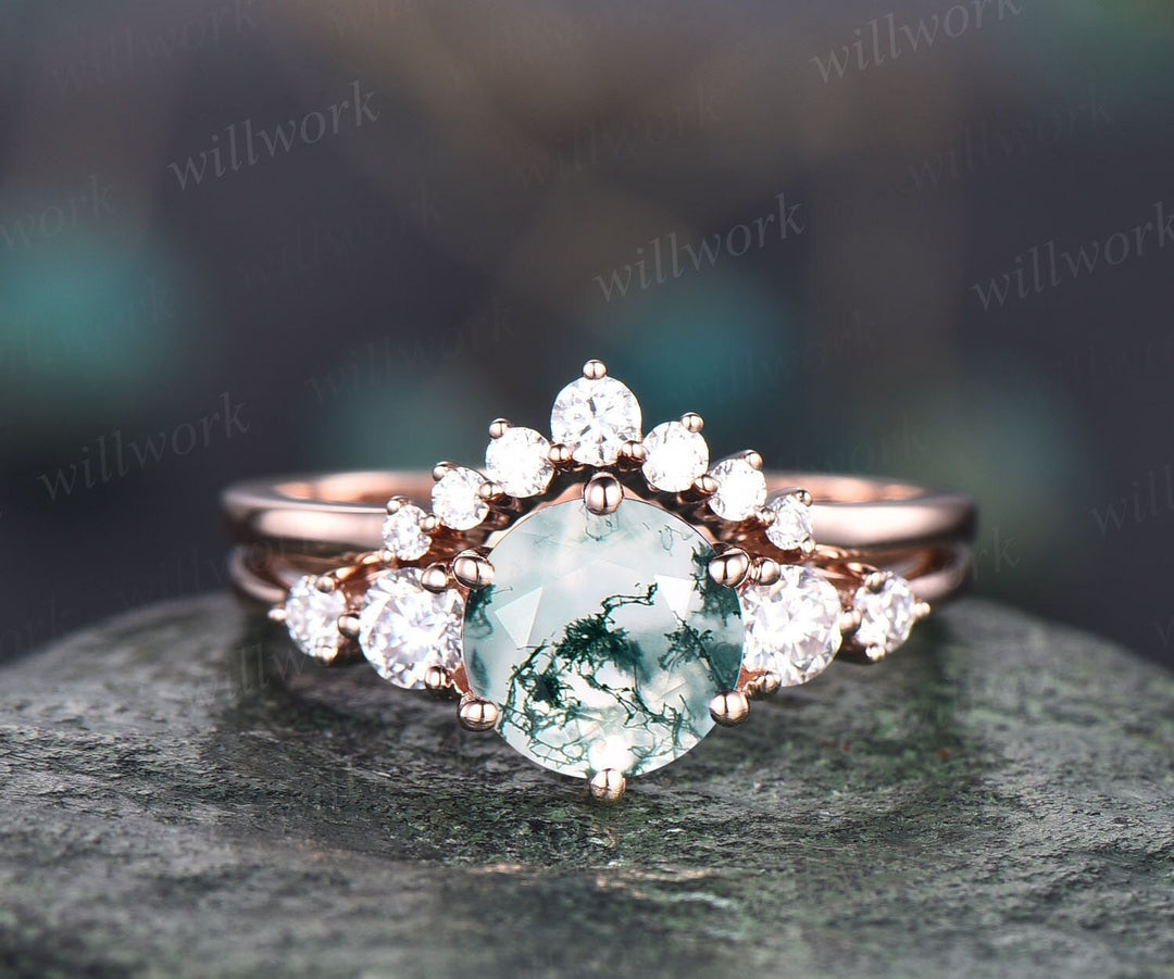 Unique moss agate bridal ring set vintage green moss agate engagement ring set rose gold five stone minimalist moissanite ring set for women