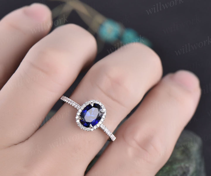 3pcs blue sapphire ring vintage sapphire engagement ring set rose gold for women diamond halo natural sapphire wedding band bridal ring set