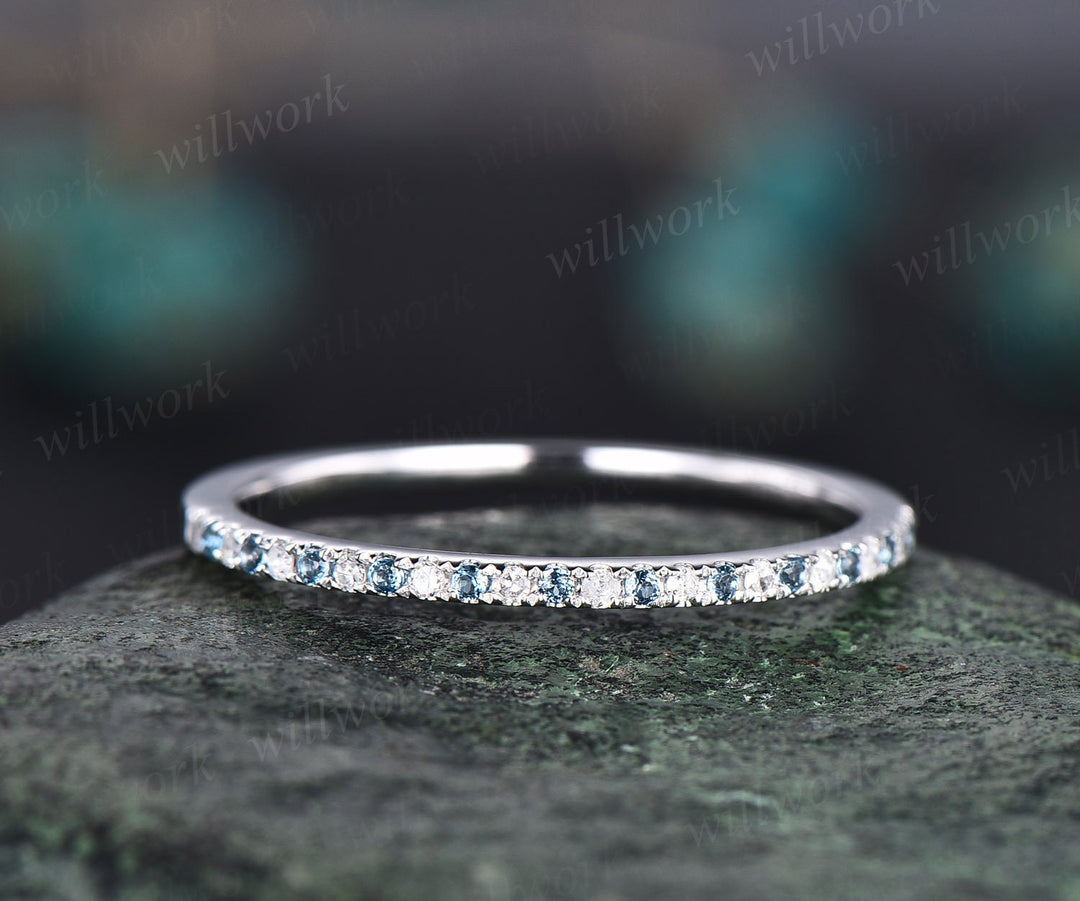Diamond wedding band 14k white gold ring London blue topaz wedding band half eternity wedding ring band Minimalist dainty bridal ring gifts