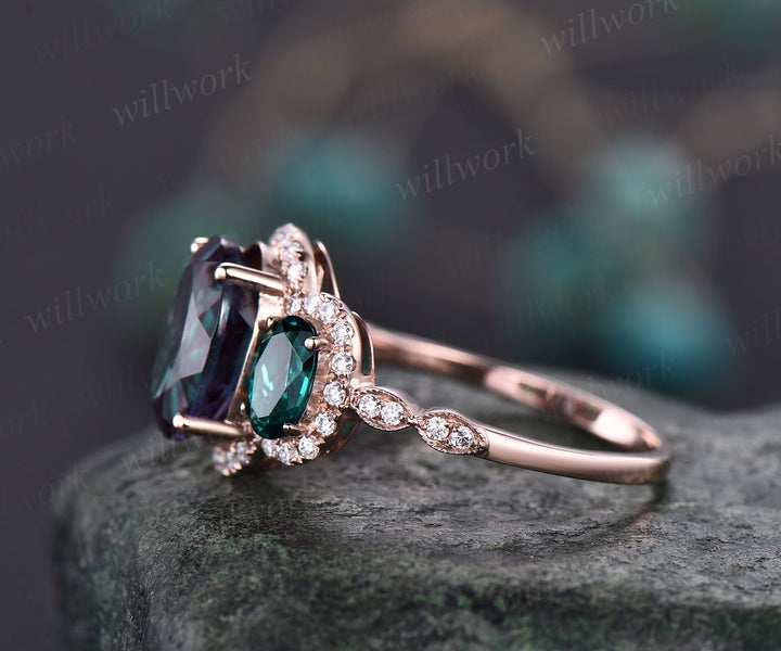 Oval cut Alexandrite engagement ring rose gold art deco vintage unique engagement ring holo moissanite wedding ring for women fine jewelry