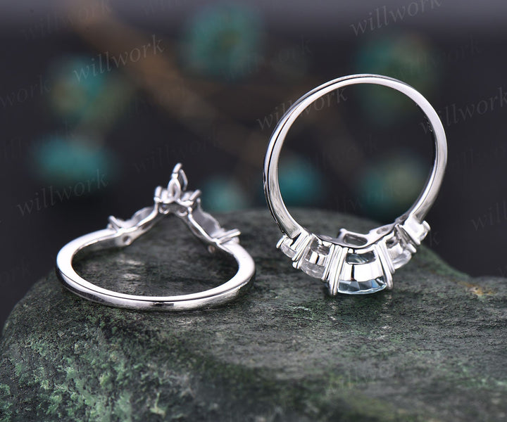 Pear shaped aquamarine ring gold silver vintage unique aquamarine engagement ring set five stone moonstone ring women March birthstone ring