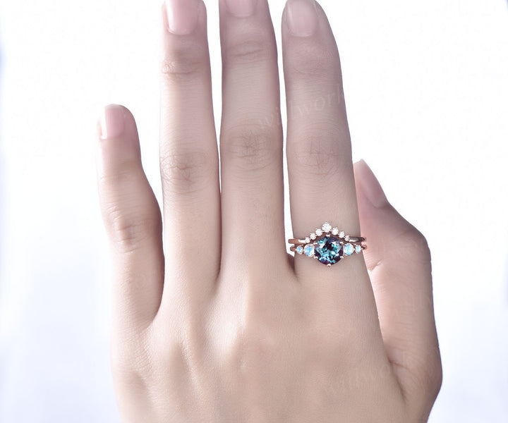 Unique round cut Alexandrite engagement ring set five stone moonstone ring vintage minimalist moissanite bridal wedding ring set for women