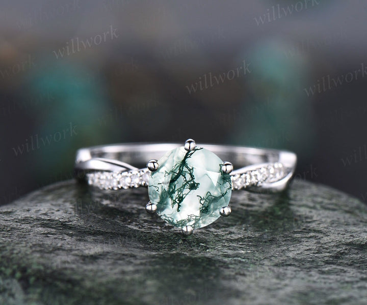 Unique round cut green moss agate engagement ring 14k white gold six prong ring twisted diamond ring vintage promise wedding ring for women