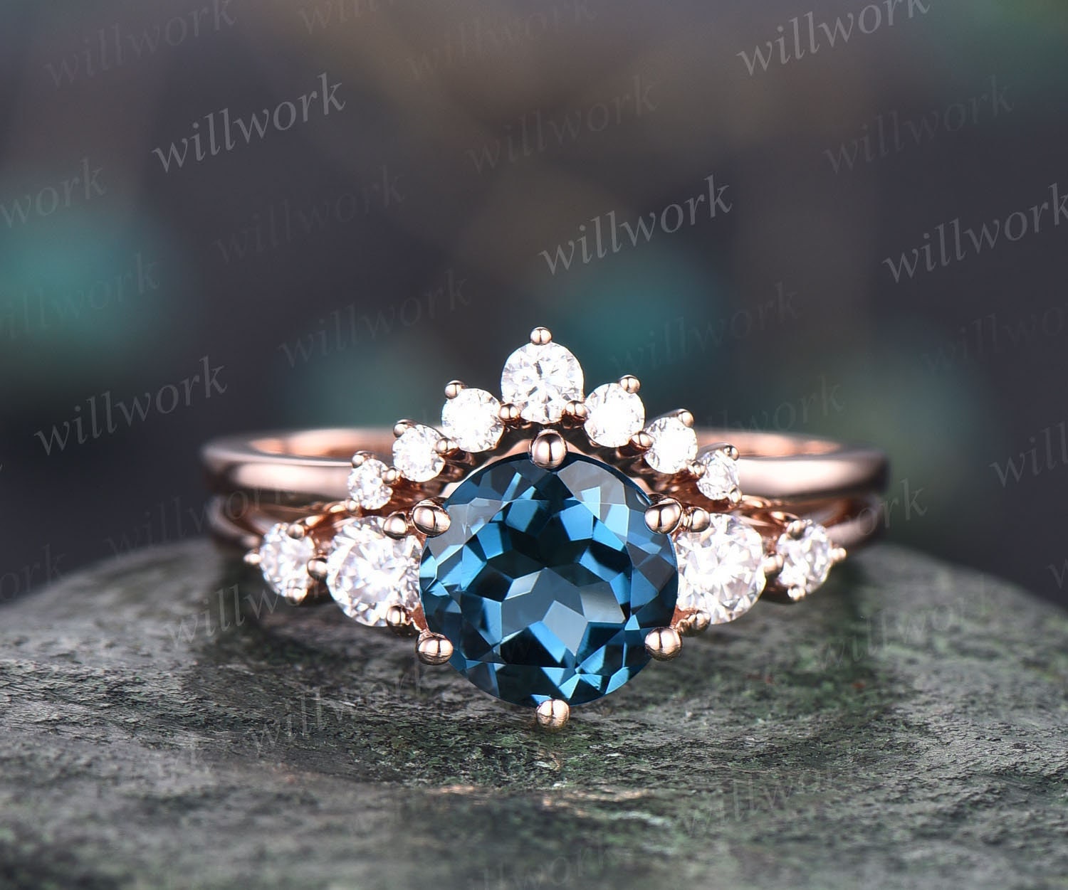 Unique Hexagon Cut London Blue Topaz Engagement Ring Set Celtic Knot Sterling Silver Rose Gold Wedding top Band 7 Stone Cluster Moissanite Ring