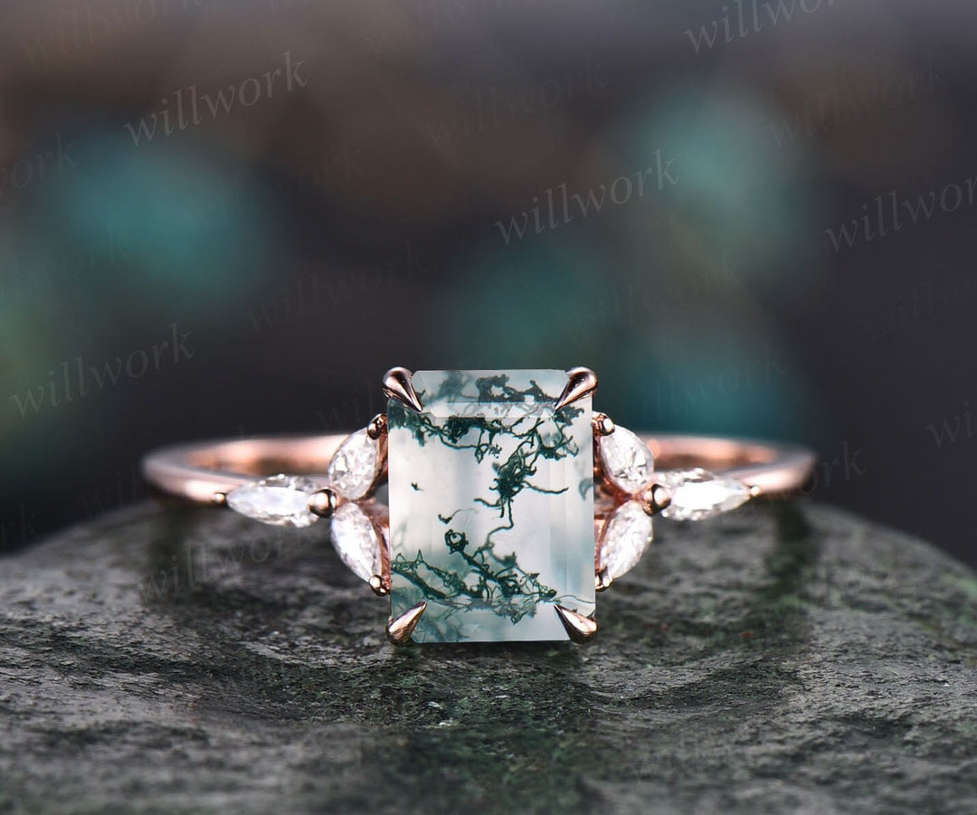 Vintage unique emerald cut green moss agate engagement ring rose gold silver flower pear shaped moissanite ring promise wedding ring women