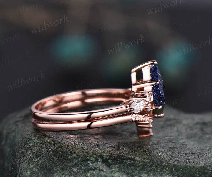 Unique kite cut blue sandstone engagement ring set 14k rose gold ring vintage marquise cut moissanite anniversary wedding ring set for women