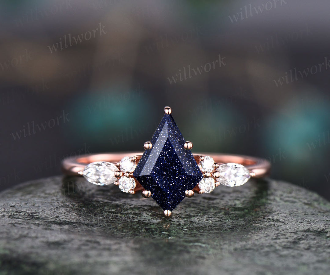Unique kite cut blue sandstone engagement ring set 14k rose gold ring vintage marquise cut moissanite anniversary wedding ring set for women