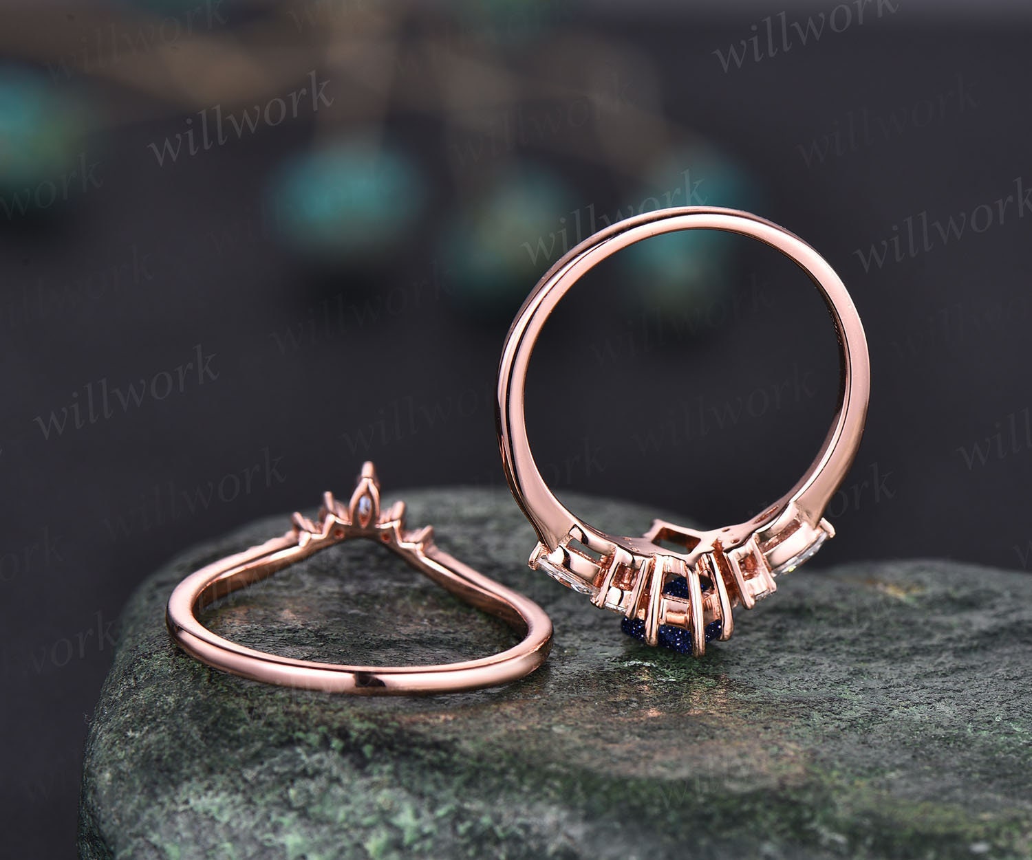 Kite cut blue outlet sandstone ring for women vintage unique solitaire blue sandstone engagement ring set 14k rose gold moissanite wedding ring set