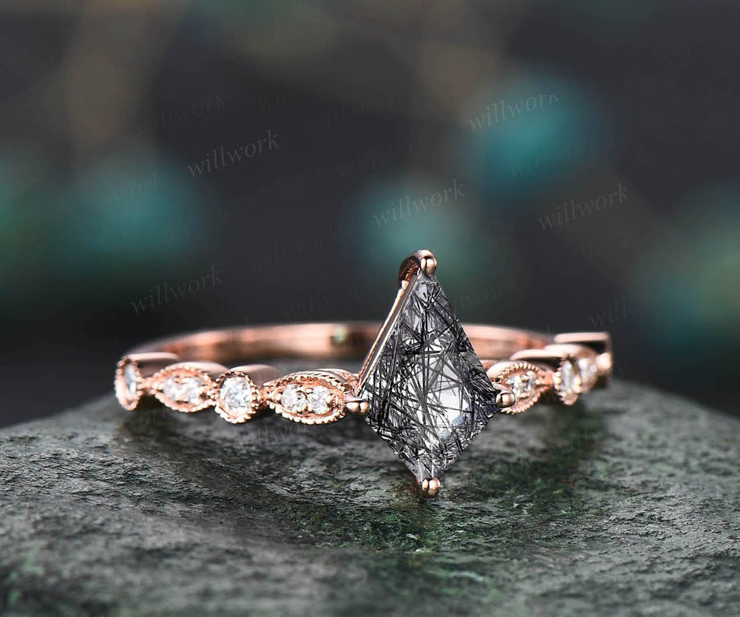 Unique kite cut black rutilated quartz engagement ring set rose gold art deco Milgrain diamond ring vintage opal wedding ring set for women
