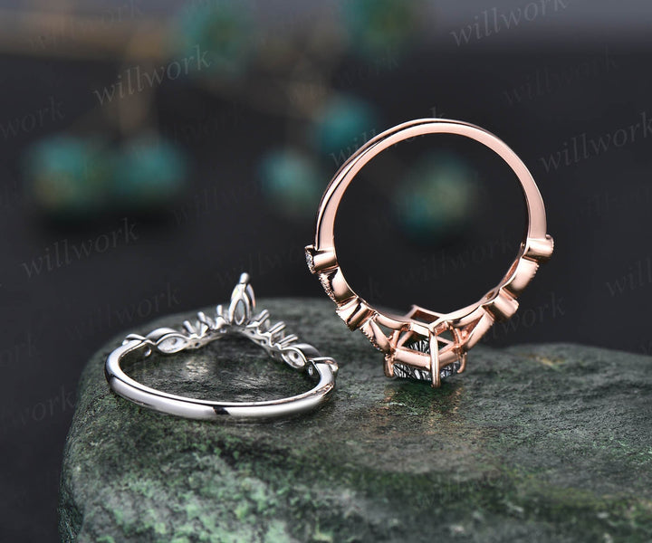 Unique kite cut black rutilated quartz engagement ring set rose gold art deco Milgrain diamond ring vintage opal wedding ring set for women