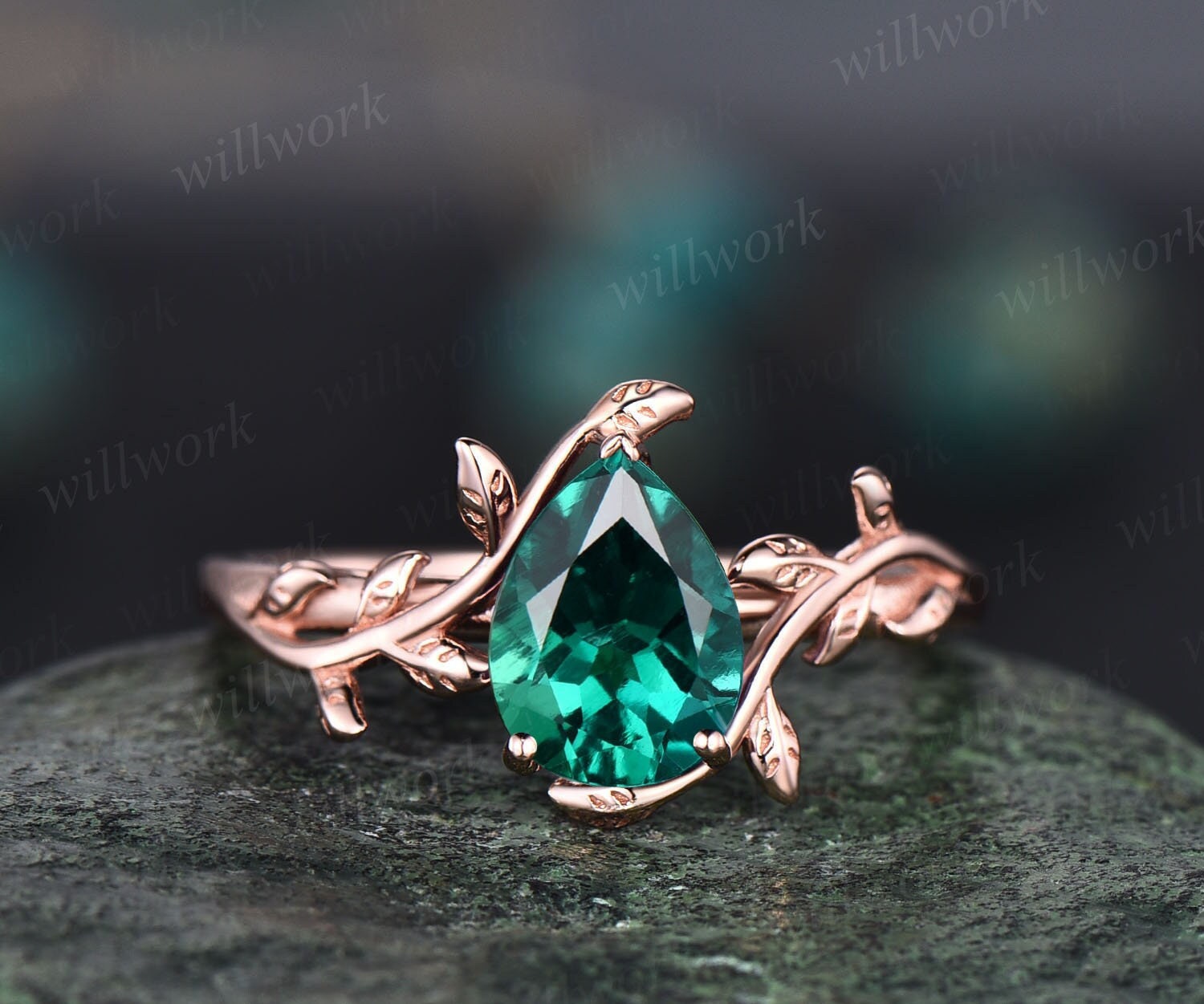 Pear shaped leaf emerald ring gold silver vintage nature inspired ...