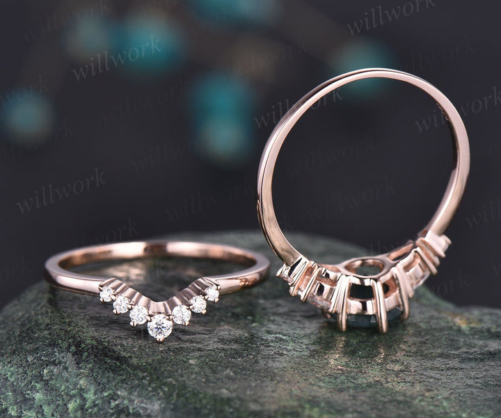 Roung cut Alexandrite engagement ring set rose gold five stone ring minimalist vintage unique engagement ring pear moonstone ring for women