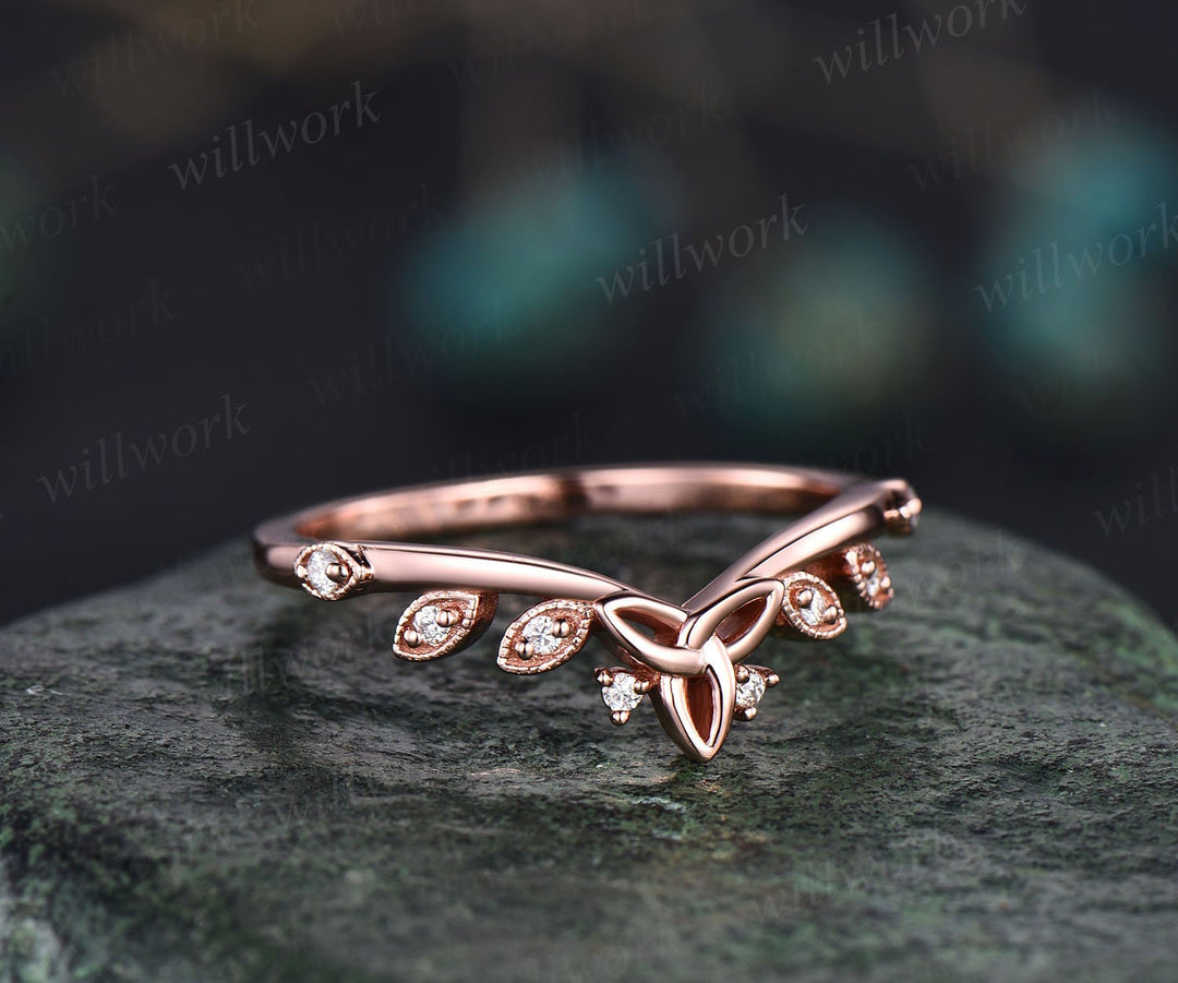Unique milgrain diamond wedding band 14k rose gold art deco moissanite wedding ring band for women stacking ring norse viking ring Jewelry