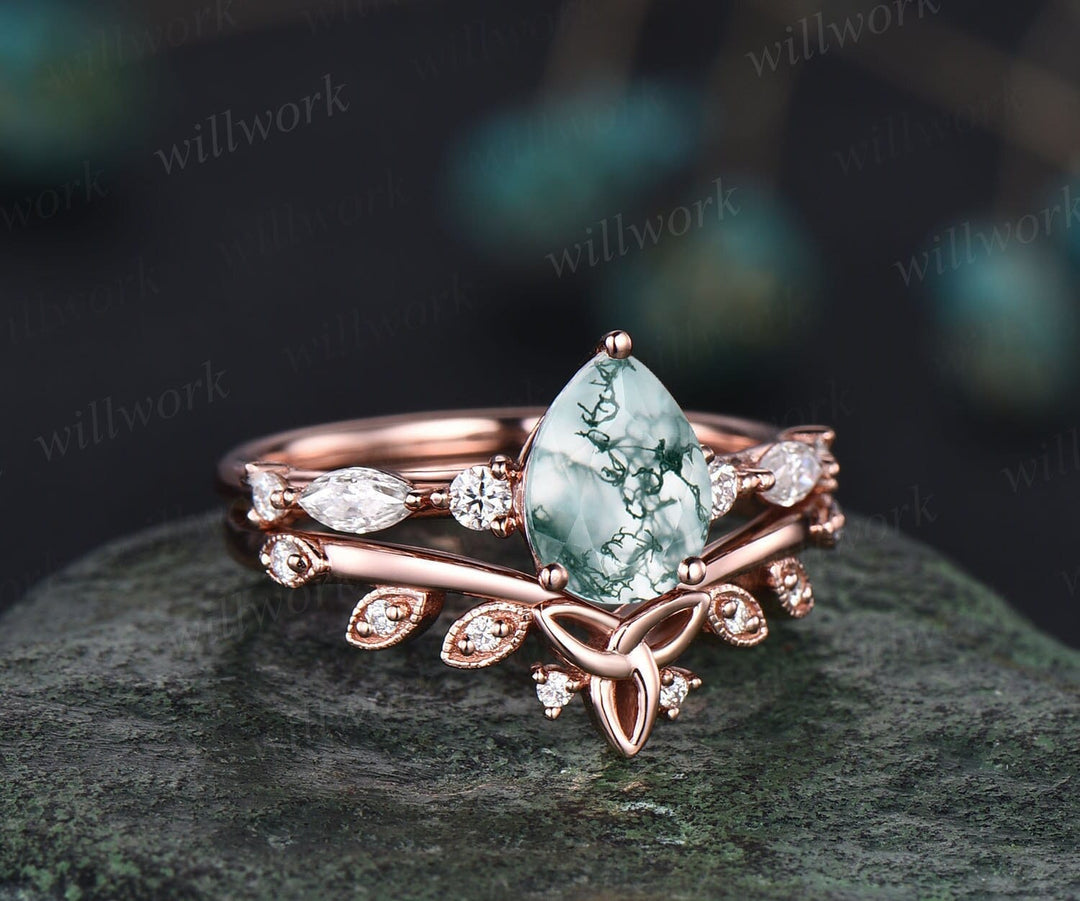 Vintage pear shaped moss agate engagement ring set rose gold art deco unique engagement ring marquise cut diamond ring bridal ring set women