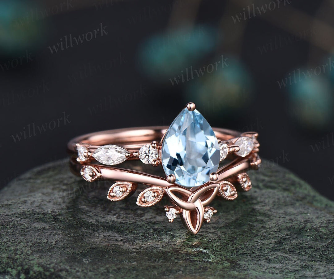 Pear shaped aquamarine ring gold for women Alternative unique aquamarine engagement ring set vintage diamond ring 14k promise ring set gifts