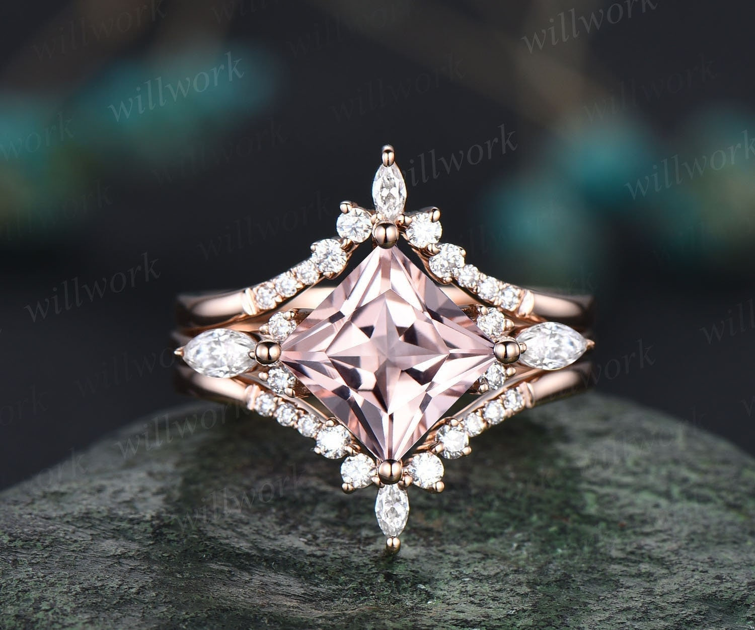 Cushion Morganite Engagement Ring In 14k Rose Gold With Diamond Halo
