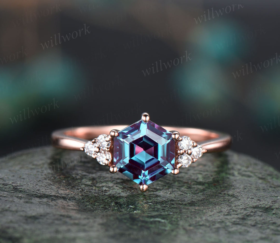 Unique alexandrite engagement ring set hexagon shaped ring vintage dai ...