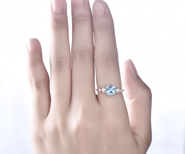 Vintage unique aquamarine engagement ring set round cut ring rose gold five stone moissanite wedding ring set women March birthstone ring