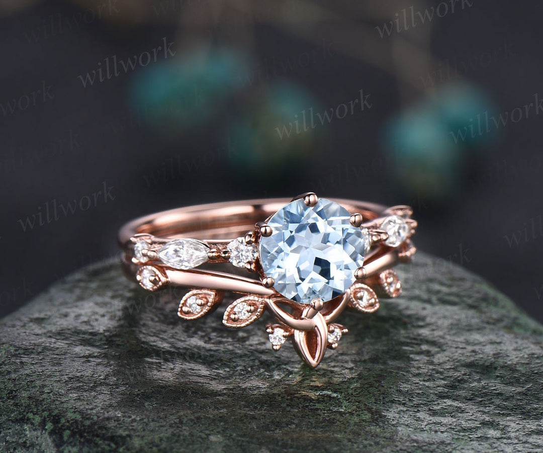 Round cut aquamarine ring gold vintage unique aquamarine engagement ring set art deco diamond ring set six prong marquise ring set jewelry