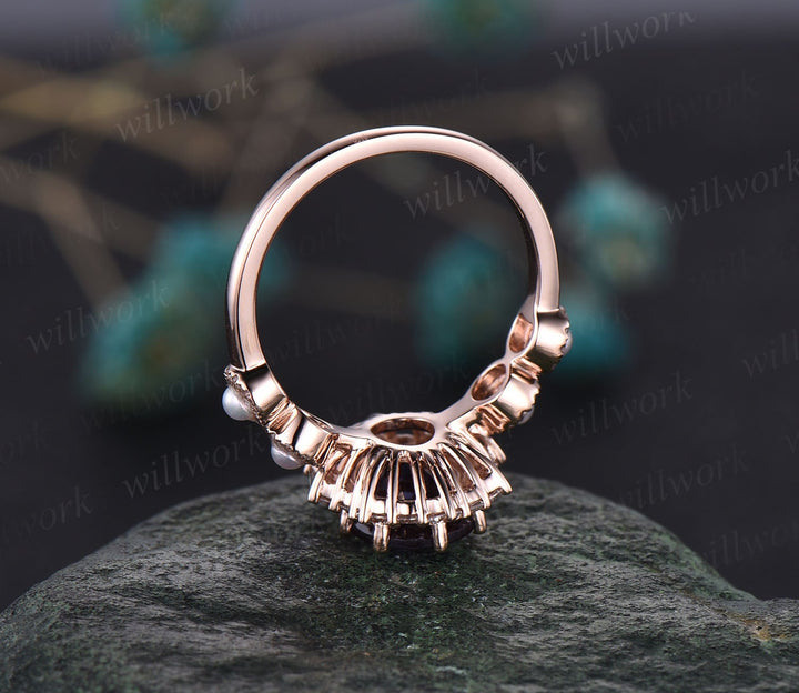 Vintage unique oval Alexandrite engagement ring 14k rose gold Akoya Pearl ring halo moissanite ring 8 prong bridal wedding ring for women