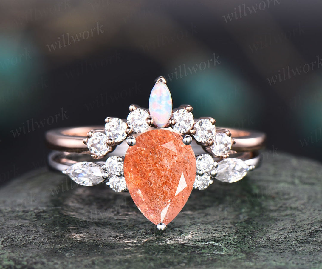 Pear shaped orange sunstone ring gold vintage unique sunstone engagement ring set art deco opal moissanite bridal wedding ring set women