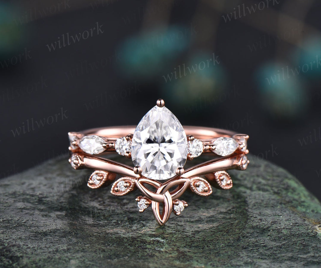 Pear shaped moissanite ring set gold vintage moissanite engagement ring set art deco rose gold engagement ring unique engagement ring women