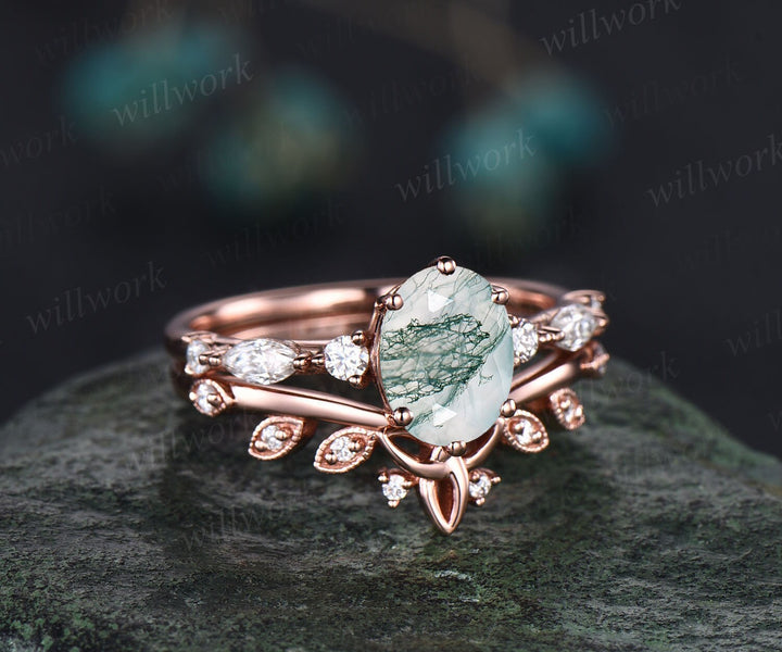Oval moss agate ring set gold silver Vintage green moss agate engagement ring set rose gold art deco unique engagement ring diamond ring 14k