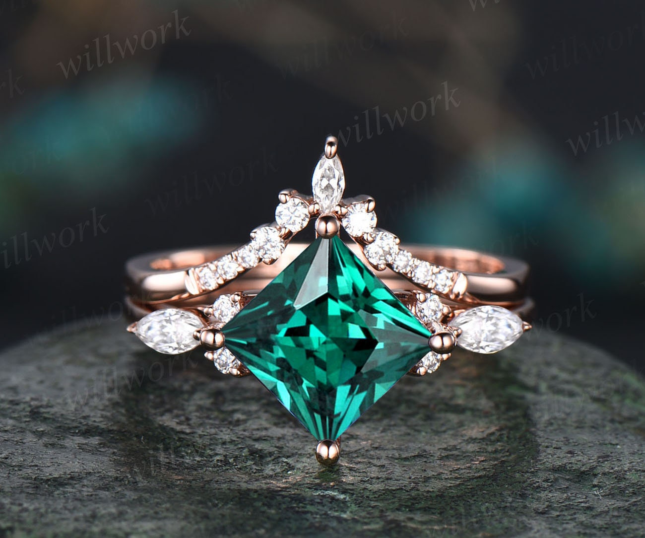 Lab Created Emerald Engagement Ring set, Vintage Art deco Coffin Shape Emerald Wedding Ring Set, 925 store Silver Emerald Coffin Ring set, Woman