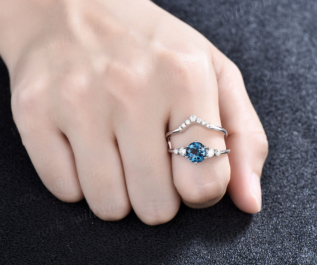 Unique London blue topaz engagement ring set 14k rose gold silver five stone minimalist ring six prong moissanite bridal ring set for women