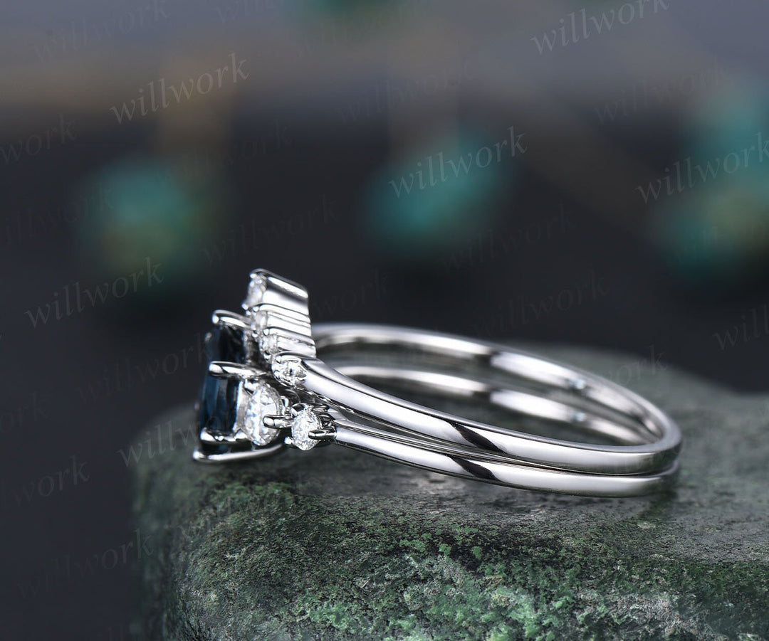 Unique London blue topaz engagement ring set 14k rose gold silver five stone minimalist ring six prong moissanite bridal ring set for women