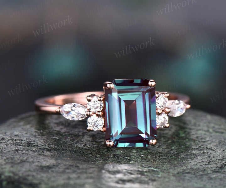 Vintage Alexandrite ring gold silver for women unique emerald cut Alexandrite engagement ring marquise cut diamond ring promise wedding ring