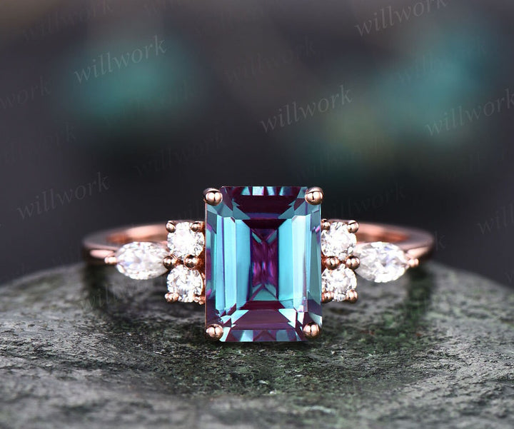 Vintage Alexandrite ring gold silver for women unique emerald cut Alexandrite engagement ring marquise cut diamond ring promise wedding ring