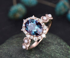 Vintage unique oval Alexandrite engagement ring 14k rose gold Akoya Pearl ring halo moissanite ring 8 prong bridal wedding ring for women