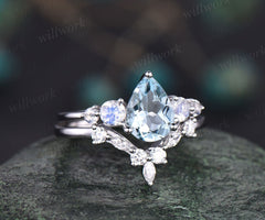 Pear shaped aquamarine ring gold silver vintage unique aquamarine engagement ring set five stone moonstone ring women March birthstone ring